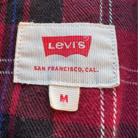 Levi’s Pearl Snap Red Plaid Denim Collar Mid-weight Long Sleeve Size Medium - Picture 6 of 9